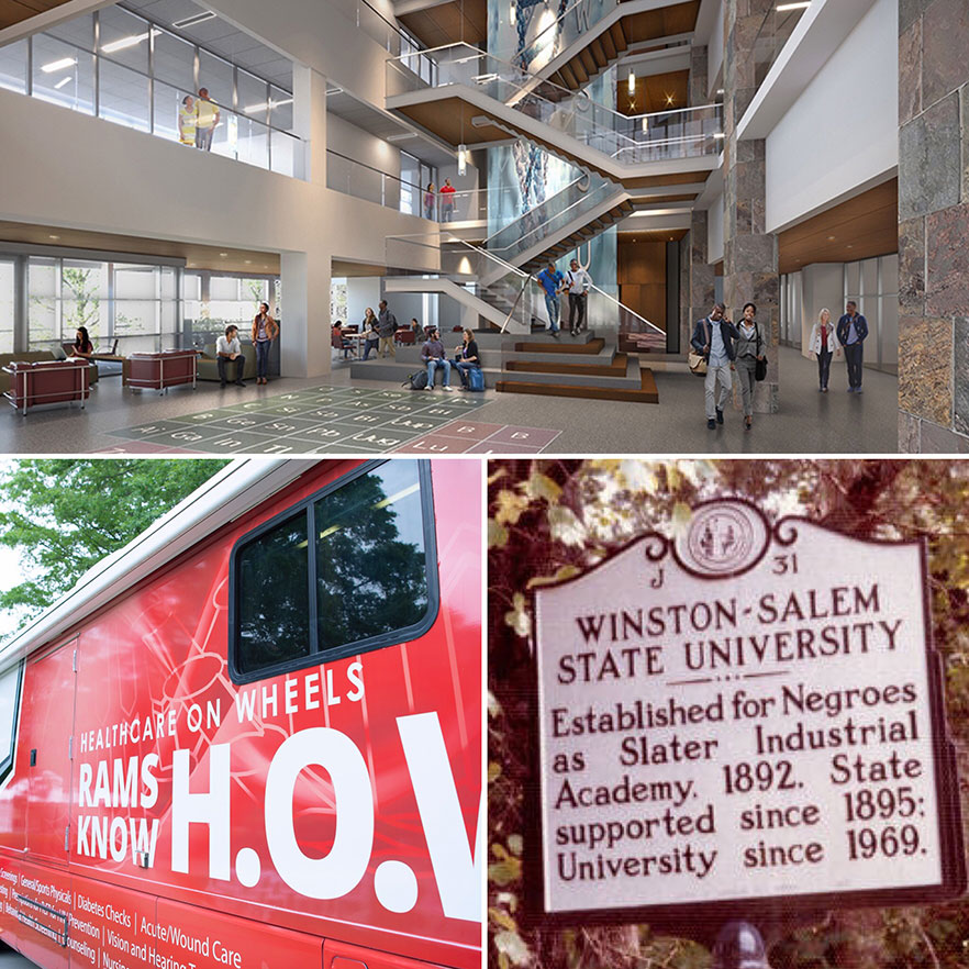 Top - rendering of sciences building - left - Rams Mobile unit - right - historic sign that mentions 1969 date