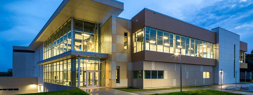 Center for Design Innovations building illuminated at night