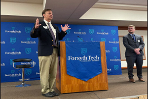 CSEM Director Craig Richardson, left, and CSEM Research Manager Zach Blizard at a recent transportation panel at Forsyth Technical Community College.