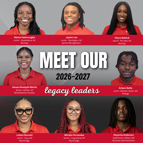 Image of student legacy leader profile images. Text of the picture says "Meet Our 2026 - 2027 Legacy Leaders: Naima Fadonougbo, Jaylen Lea, Shyra Ballard, Sanaa-Demiyah Martin, Ariaon Batts, Leilani Burnett, Mirialis Fernandez, Deyonta Anderson".