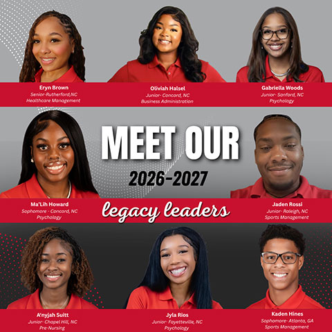 Image of student legacy leader profile images. Text of the picture says "Meet Our 2026 - 2027 Legacy Leaders: Eryn Brown, Davainn Halsel, Gabriella Woods, Ma'Lih Howard, Jaden Rossi, A'nyja Suitt, Jyla Rios, Kaden Hines".
