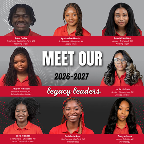 Image of student legacy leader profile images. Text of the picture says "Meet Our 2026 - 2027 Legacy Leaders: Amir Furby, Kymberlee Harden, Arayia Harrison, Jaliyah Hinkson, Harlie Holmes, Zoria Hooper, Sariah Jackson, Zeniya Jones".