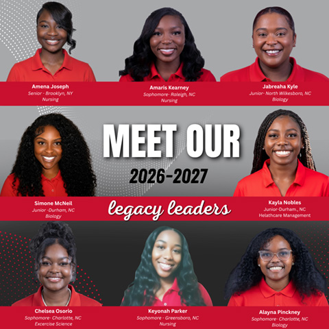 Image of student legacy leader profile images. Text of the picture says "Meet Our 2026 - 2027 Legacy Leaders: Amena Joseph, Amaris Kearney, Jabreaha Kyle, Simone McNeil, Kayla Nobles, Chelsea Osorio, Keyonah Parker, Alayna Pinckney".