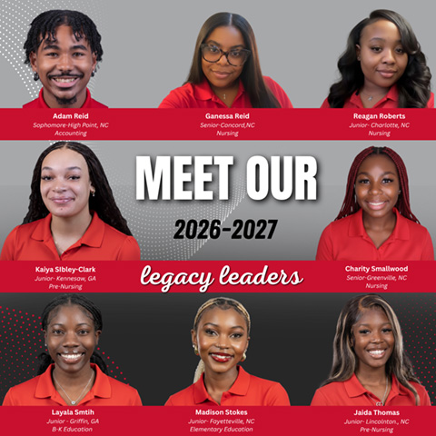 Image of student legacy leader profile images. Text of the picture says "Meet Our 2026 - 2027 Legacy Leaders: Adam Reid, Ganessa Reid, Reagan Roberts, Kaiya Sibley-Clark, Charity Smallwood, Kayala Smith, Madison Stokes, Jaida Thomas".
