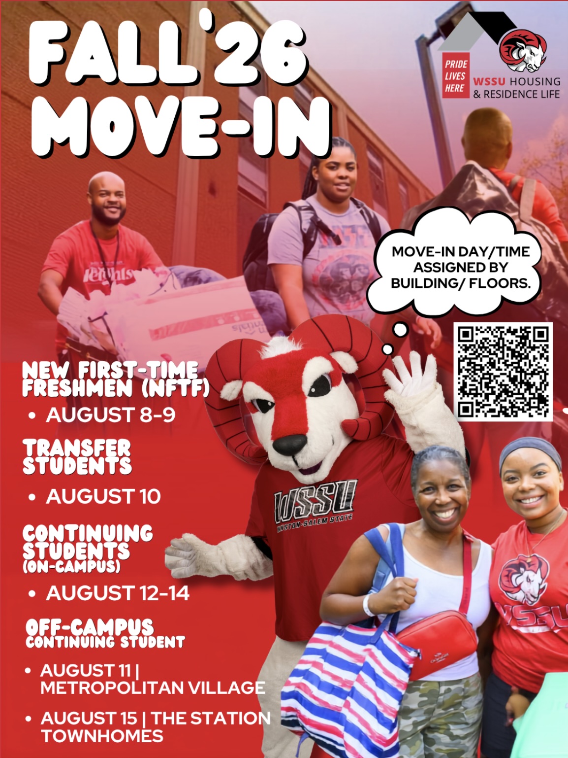 Collage containing images of students and Amon mascot depicting campus move-in