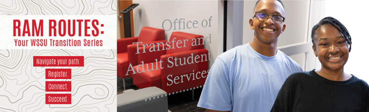 Two transfer students in front of Transfer and Adult Services Office